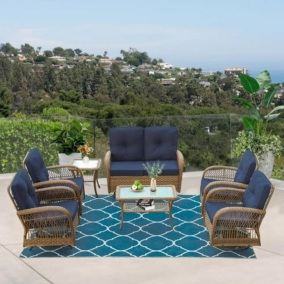 VIVIJASON 7-Piece Outdoor Patio Wicker Conversation Sets, All Weather Outdoor Rattan Furniture Set Includes Glider Loveseat, 2 Glider Rocker Chairs, 2 Swivel-Gliders Chairs, 2 Coffee Table, Navy Blue