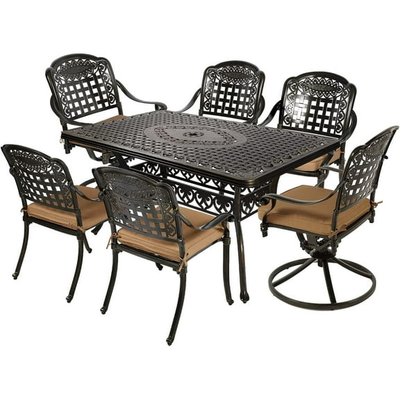 VIVIJASON 7-Piece Patio Furniture Dining Set, All-Weather Cast Aluminum Outdoor Conversation Set, Include 4 Stationary Chairs, 2 Swivel Dining Chairs and a Rectangle Table with 2" Umbrella Hole