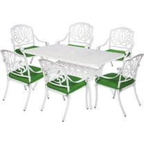 VIVIJASON 7-Piece Patio Furniture Dining Set, All-Weather Cast Aluminum Outdoor Conversation Set, Include 6 Cushioned Chairs and a Rectangle Table with Umbrella Hole for Lawn Garden Backyard, White