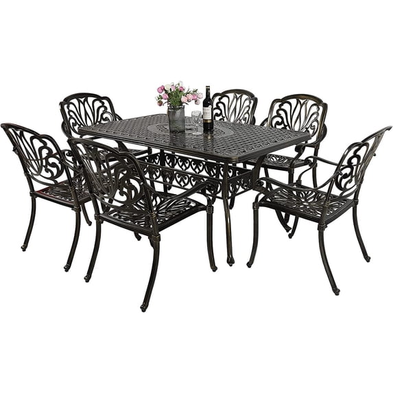 VIVIJASON 7-Piece Patio Furniture Dining Set, All-Weather Cast Aluminum Outdoor Conversation Set, Include 6 Chairs and a Rectangle Table with Umbrella Hole for Balcony Lawn Garden Backyard