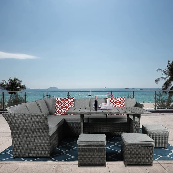 VIVIJASON 7 Pieces Patio Furniture Set Outdoor Sectional Sofa Conversation Set All Weather Wicker Rattan Couch Dining Table & Chair with Ottoman, Gray