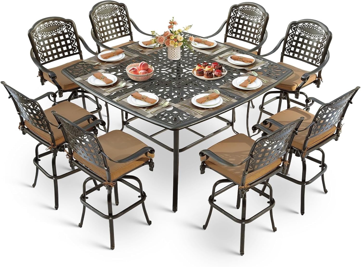 VIVIJASON 9-Piece Outdoor High Patio Dining Set, Free-Rust Cast ...