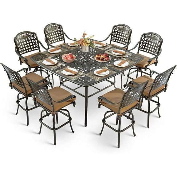 VIVIJASON 9-Piece Outdoor High Patio Dining Set, Free-Rust Cast Aluminum Patio Bar Table and Chairs Set with 8 Swivel Bar Stools & 64" Bar Height Dining Table for Backyard, Lawn, Garden