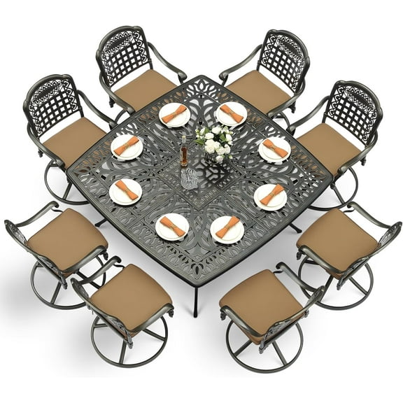 VIVIJASON 9-Piece Outdoor Dining Furniture Set, Cast Aluminum Patio Table & Chairs Set for 8, Include Large 64" Square Dining Table and 8 Swivel Rocker Chairs with Umbrella Hole, Khaki