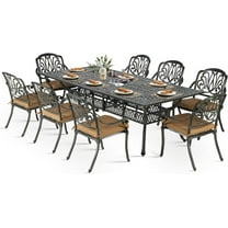 VIVIJASON 9-Piece Outdoor Dining Set, All Weather Cast Aluminum Retro Patio Furniture Table and Chairs Set for 8, Include 94.5" Rectangular Dining Table and 8 Chairs with Umbrella Hole, Khaki Cushion
