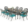 thumbnail image 1 of VIVIJASON 9-Piece Outdoor Dining Set, All Weather Cast Aluminum Retro Patio Furniture Table and Chairs Set for 8, Include 94.5" Rectangular Table and 8 Chairs with Umbrella Hole, Ocean Blue Cushion, 1 of 7