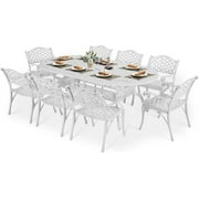 VIVIJASON 9-Piece Outdoor Dining Set, All-Weather Cast Aluminum Retro Patio Dining Set, Include 8 Chairs and an Oval Table with Umbrella Hole for Balcony Lawn Garden Backyard, White