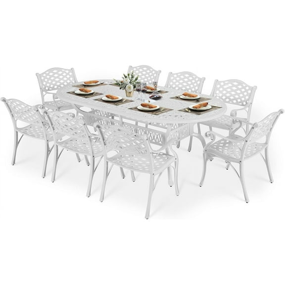 VIVIJASON 9-Piece Outdoor Dining Set, All-Weather Cast Aluminum Retro Patio Dining Set, Include 8 Chairs and an Oval Table with Umbrella Hole for Balcony Lawn Garden Backyard, White
