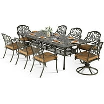 VIVIJASON 9-Piece Outdoor Dining Set, Cast Aluminum Patio Furniture Table & Chairs Set for 8, Include 94.5" Rectangular Table, 2 Swivel Rocker Chairs, 6 Stationary Chairs, Umbrella Hole, Khaki Cushion