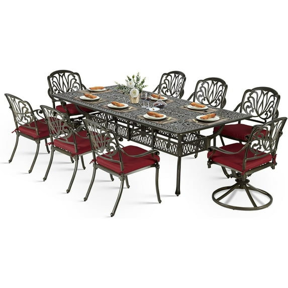 VIVIJASON 9-Piece Outdoor Dining Set, Cast Aluminum Patio Furniture Table & Chairs Set for 8, Include 94.5" Rectangular Table, 2 Swivel Rocker Chairs, 6 Stationary Chairs, Umbrella Hole, Red Cushion