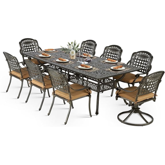 VIVIJASON 9-Piece Outdoor Dining Set, Cast Aluminum Patio Table & Chair Furniture Set for 8, Include 94.5" Rectangular Table, 2 Swivel Rocker Chairs, 6 Stationary Chairs, Umbrella Hole, Khaki Cushion