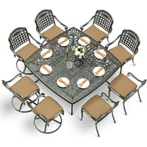 VIVIJASON 9-Piece Outdoor Dining Set, Cast Aluminum Patio Table & Chair Furniture Set for 8, Include Large 64" Square Dining Table, 4 Swivel Rocker Chairs, 4 Stationary Chairs, Umbrella Hole, Khaki