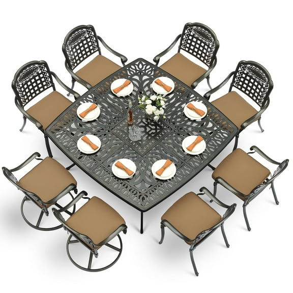 VIVIJASON 9-Piece Outdoor Dining Set, Cast Aluminum Patio Table & Chair Furniture Set for 8, Include Large 64" Square Dining Table, 2 Swivel Rocker Chairs, 6 Stationary Chairs, Umbrella Hole, Khaki