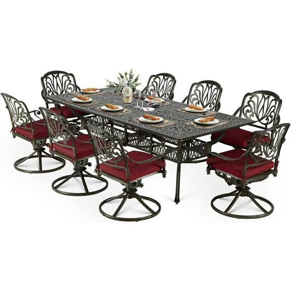 VIVIJASON 9-Piece Outdoor Dining Set, Cast Aluminum Retro Patio Furniture Table and Chairs Set for 8, Include 94.5" Rectangular Table and 8 Swivel Rocker Chairs with Umbrella Hole, Red Cushion
