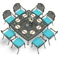 thumbnail image 1 of VIVIJASON 9-Piece Outdoor Dining Set, Cast Aluminum Retro Patio Furniture Table and Chairs Set for 8, Include Large 64" Square Dining Table and 8 Cushioned Chairs with Umbrella Hole, Ocean Blue, 1 of 7