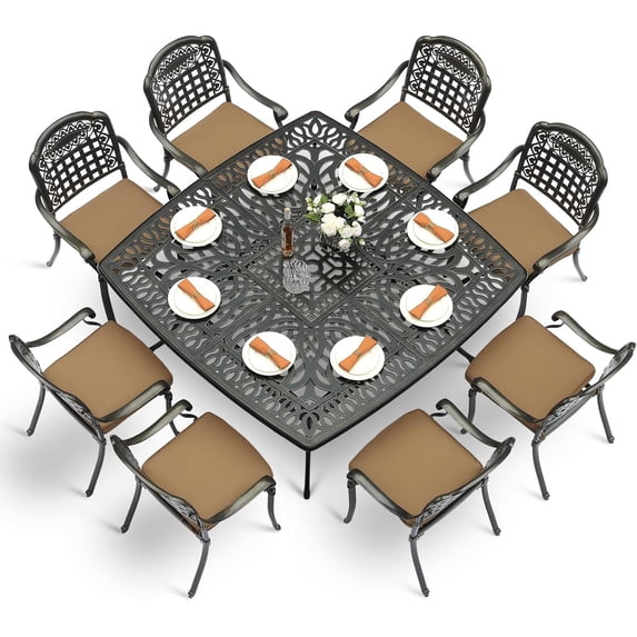 VIVIJASON 9-Piece Outdoor Dining Set, Cast Aluminum Retro Patio Furniture Table and Chairs Set for 8, Include Large 64" Square Dining Table and 8 Chairs with Umbrella Hole for Balcony Garden, Khaki