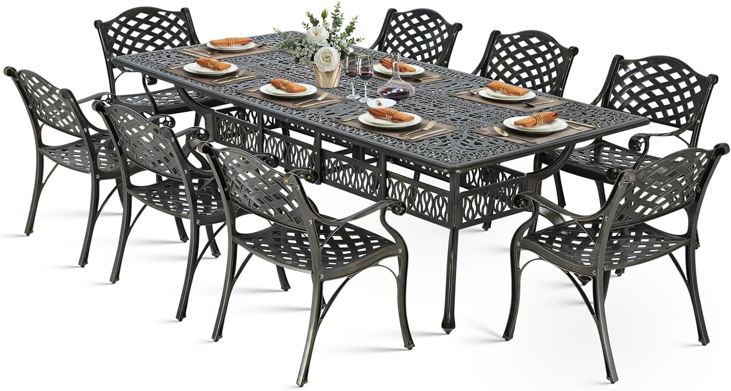 Dark Bronze 9-Piece Cast Aluminum Outdoor Dining Set with Umbrella Hole