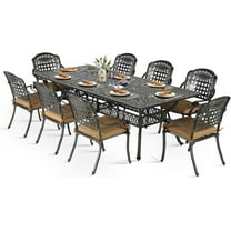 VIVIJASON 9-Piece Outdoor Dining Set, Cast Aluminum Retro Patio Furniture Table and Chairs Set for 8, Include Large 94.5" Rectangular Dining Table and 8 Chairs with Umbrella Hole, Khaki Cushion