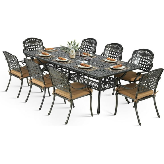 VIVIJASON 9-Piece Outdoor Dining Set, Cast Aluminum Retro Patio Furniture Table and Chairs Set for 8, Include Large 94.5" Rectangular Dining Table and 8 Chairs with Umbrella Hole, Khaki Cushion