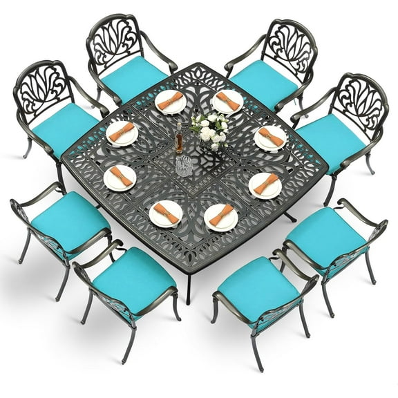 VIVIJASON 9-Piece Outdoor Furniture Dining Set for 8, All-Weather Cast Aluminum Patio Table and Chairs Set with 8 Cushioned Chairs, 64" Large Square Dining Table, 2.2" Umbrella Hole, Ocean Blue