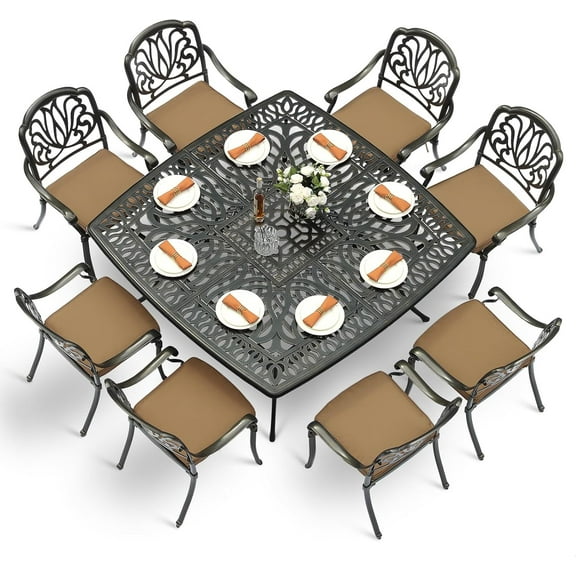 VIVIJASON 9-Piece Outdoor Furniture Dining Set for 8, All-Weather Cast Aluminum Patio Table and Chairs Set with 8 Cushioned Chairs, 64" Large Square Dining Table and Umbrella Hole for Deck Lawn Khaki