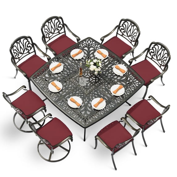 VIVIJASON 9-Piece Outdoor Furniture Dining Set for 8, Cast Aluminum Patio Table and Chairs Set with 6 Stationary Chairs, 2 Swivel Rocker Chairs, 64" Large Square Dining Table, Umbrella Hole, Red