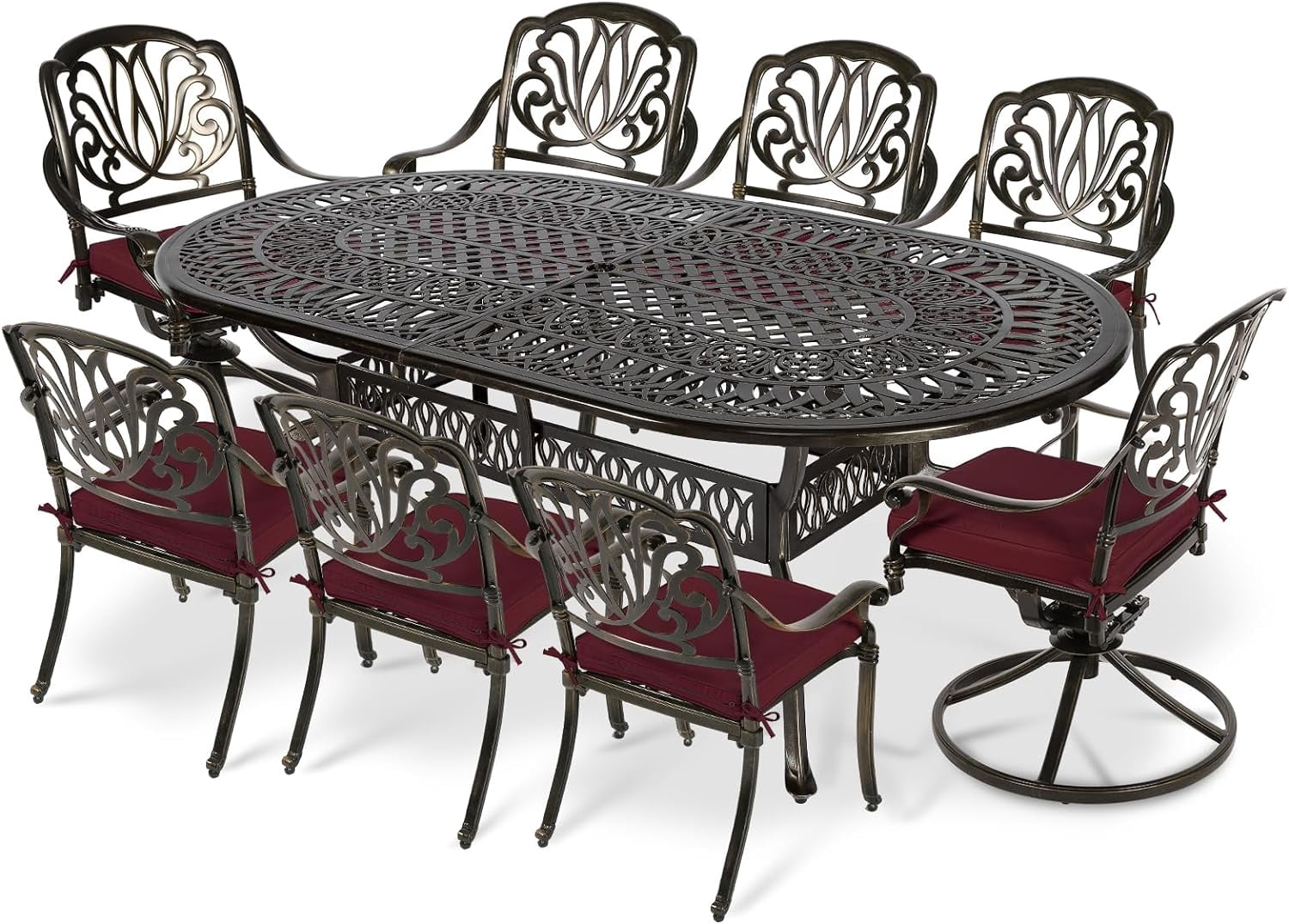 VIVIJASON 9-Piece Outdoor Furniture Dining Set, All-Weather Cast Aluminum Patio Conversation Set, Include 6 Stationary Chairs, 2 Swivel Dining Chairs and an Oval Table with Umbrella Hole, Red Cushion