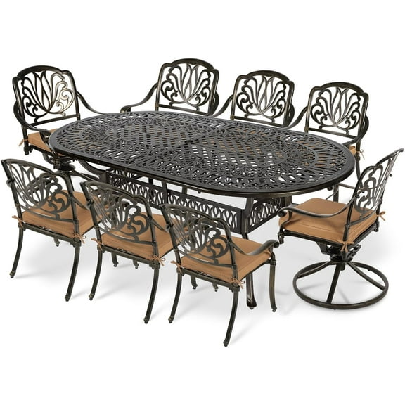 VIVIJASON 9-Piece Outdoor Furniture Dining Set, All-Weather Cast Aluminum Patio Conversation Set, Include 6 Stationary Chairs, 2 Swivel Dining Chairs and an Oval Table with Umbrella Hole