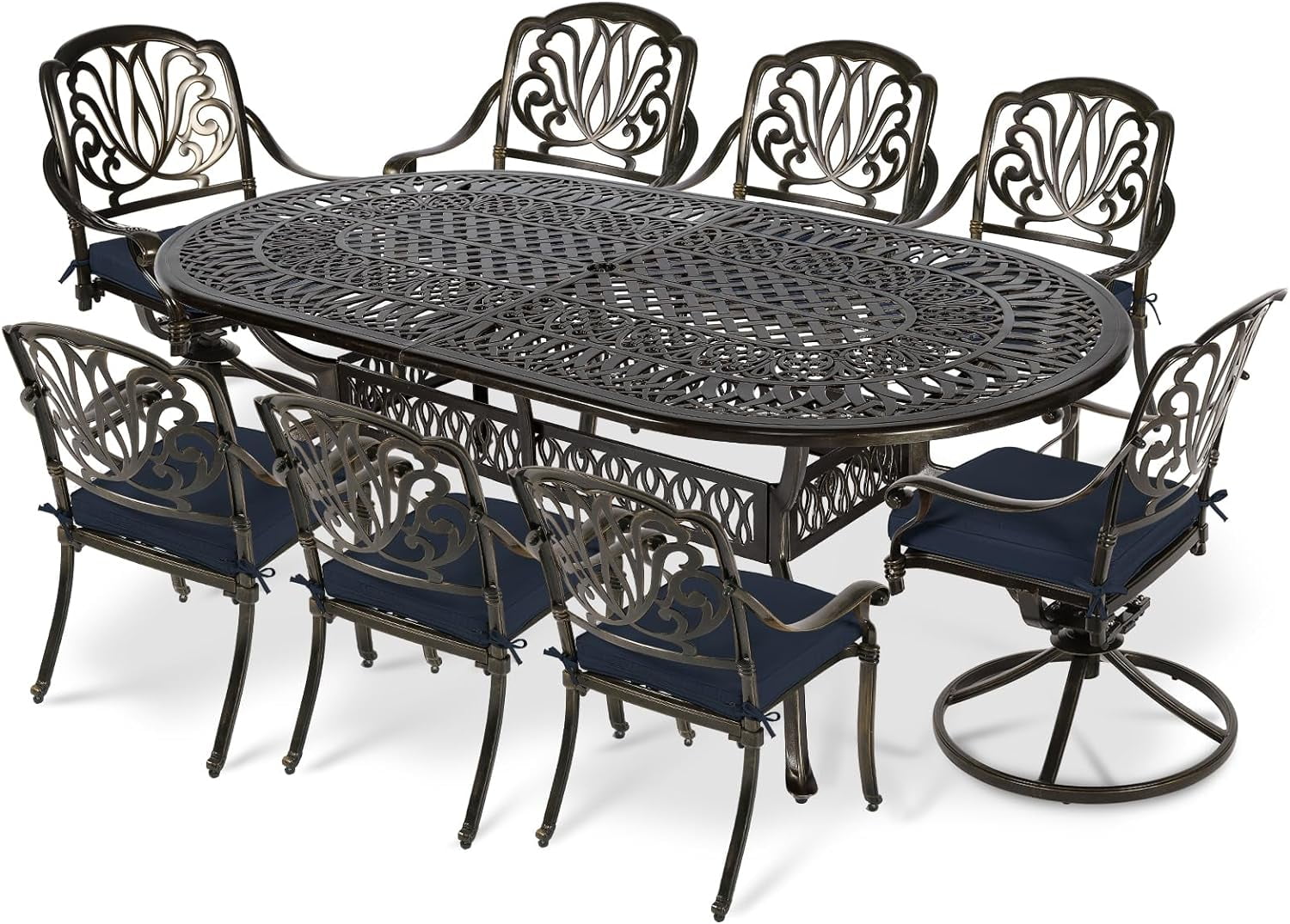 VIVIJASON 9-Piece Outdoor Furniture Dining Set, All-Weather Cast Aluminum Patio Conversation Set, Include 6 Stationary Chairs, 2 Swivel Dining Chairs, Oval Table with Umbrella Hole, Navy Blue Cushion