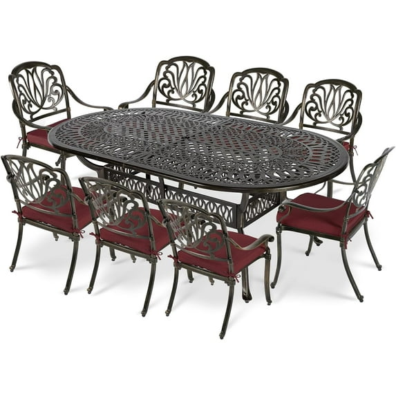 VIVIJASON 9-Piece Outdoor Furniture Dining Set, All-Weather Cast Aluminum Patio Conversation Set, Include 8 Cushioned Chairs and an Oval Table with Umbrella Hole for Balcony Lawn Backyard, Red Cushion