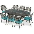 thumbnail image 1 of VIVIJASON 9-Piece Outdoor Furniture Dining Set, All-Weather Cast Aluminum Patio Conversation Set, Include 8 Cushioned Chairs and an Oval Table with Umbrella Hole for Lawn Backyard, Ocean Blue Cushion, 1 of 7