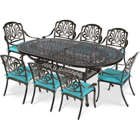 VIVIJASON 9-Piece Outdoor Furniture Dining Set, All-Weather Cast Aluminum Patio Conversation Set, Include 8 Cushioned Chairs and an Oval Table with Umbrella Hole for Lawn Backyard, Ocean Blue Cushion