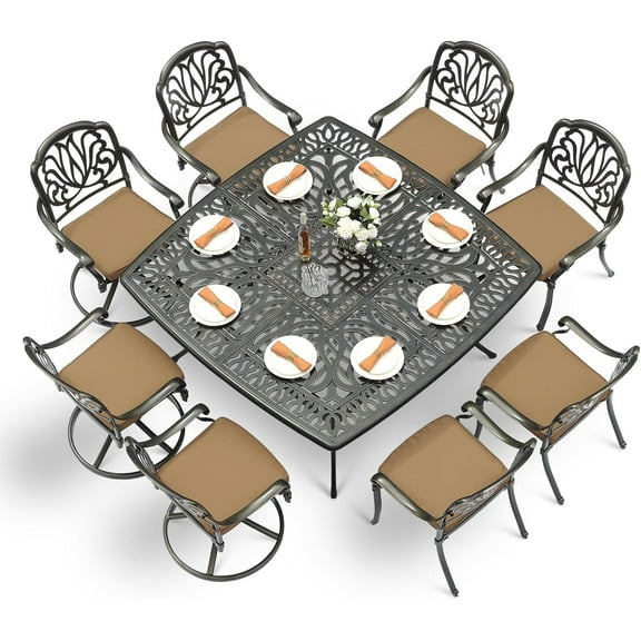 VIVIJASON 9-Piece Outdoor Furniture Dining Set, Cast Aluminum Patio Table and Chairs Set with 4 Stationary Chairs, 4 Swivel Rocker Chairs, 64" Large Square Dining Table, Umbrella Hole, Khaki