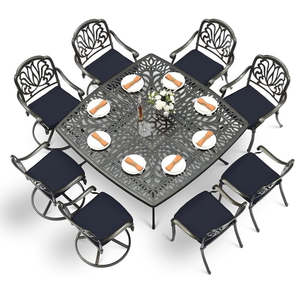 VIVIJASON 9-Piece Outdoor Furniture Dining Set, Cast Aluminum Patio Table and Chairs Set with 4 Stationary Chairs, 4 Swivel Rocker Chairs, 64" Large Square Dining Table, Umbrella Hole, Navy Blue