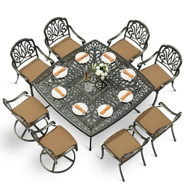 VIVIJASON 9-Piece Outdoor Furniture Dining Set, Cast Aluminum Patio Table and Chairs Set with 6 Stationary Chairs, 2 Swivel Rocker Chairs, 64" Large Square Dining Table, Umbrella Hole, Khaki