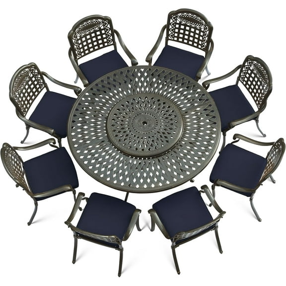 VIVIJASON 9-Piece Outdoor Furniture Dining Set, Rust-Free Cast Aluminum Patio Conversation Set, Include 8 Cushioned Chairs & 61" Round Dining Table with 31" Lazy Susan, Umbrella Hole, Navy Blue