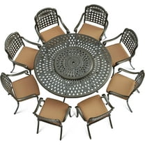 VIVIJASON 9-Piece Outdoor Furniture Dining Set, Rust-Free Cast Aluminum Patio Conversation Set, Include 8 Cushioned Chairs & 61" Round Dining Table with 31" Lazy Susan, Umbrella Hole, Khaki