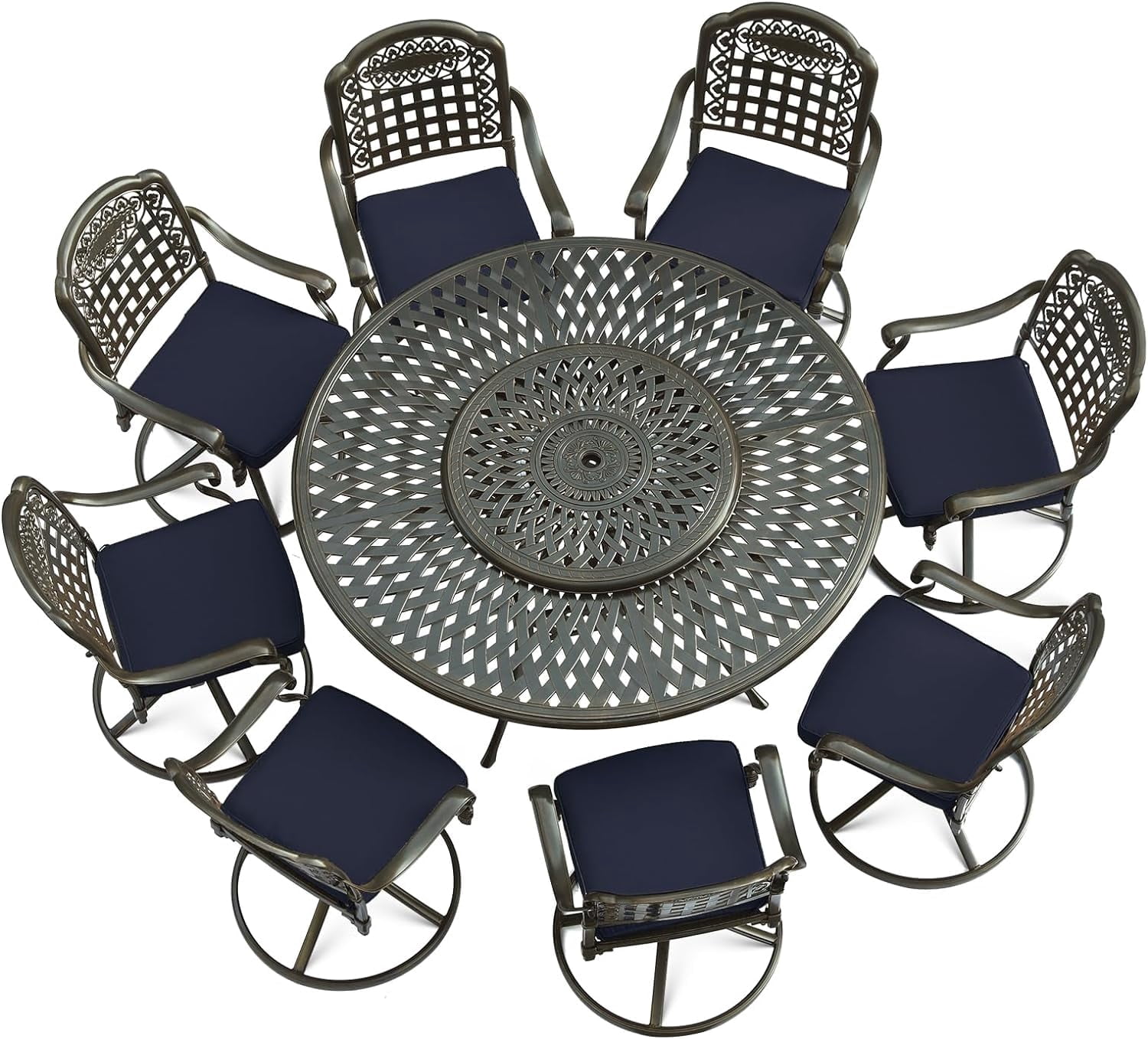 VIVIJASON 9-Piece Outdoor Furniture Dining Set, Rust-Free Cast Aluminum Patio Conversation Set, Include 8 Swivel Dining Chairs & 61" Round Dining Table with 31" Lazy Susan, Umbrella Hole, Navy Blue