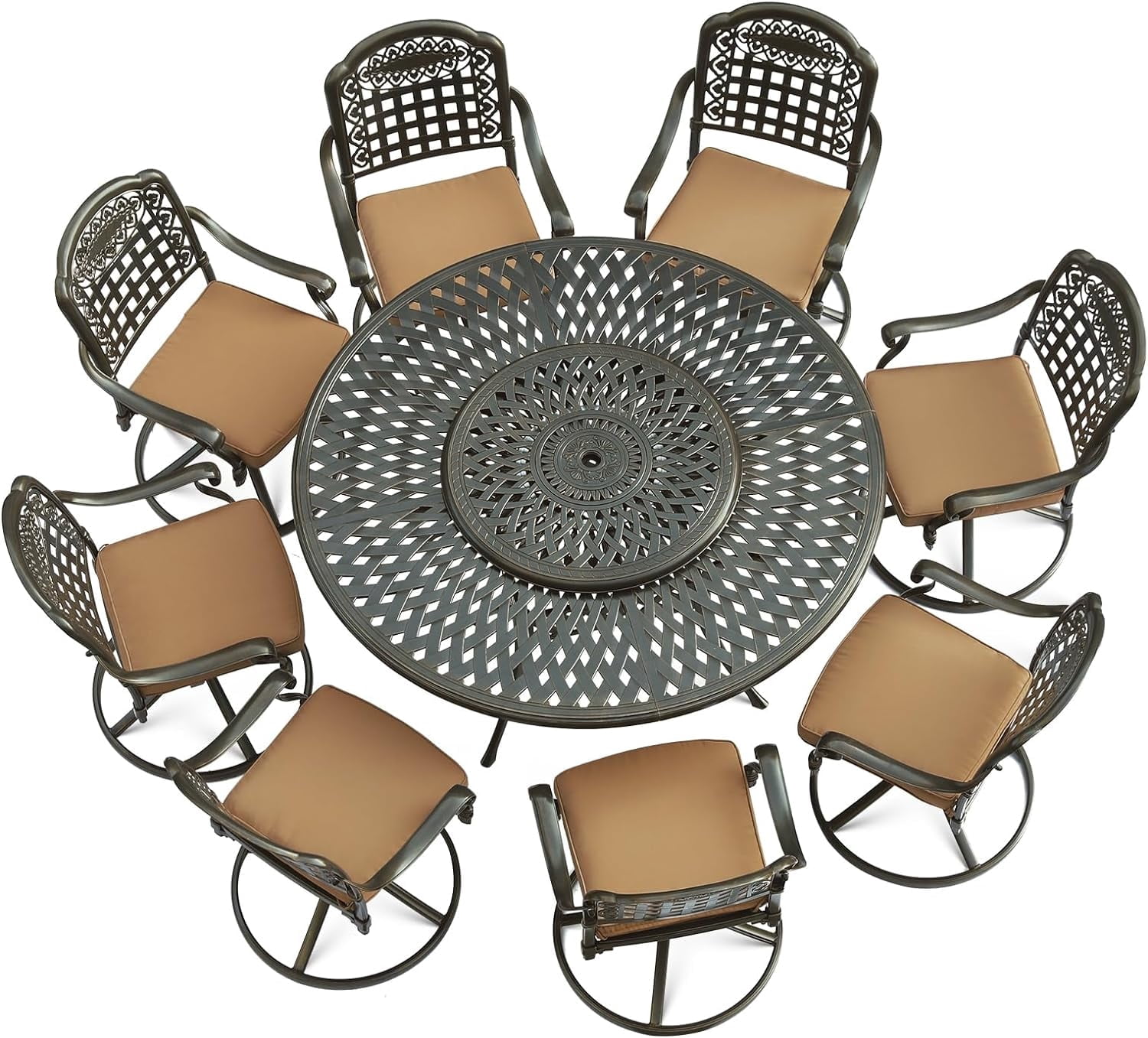 VIVIJASON 9-Piece Outdoor Furniture Dining Set, Rust-Free Cast Aluminum Patio Conversation Set, Include 8 Swivel Dining Chairs & 61" Round Dining Table with 31" Lazy Susan, Umbrella Hole, Khaki