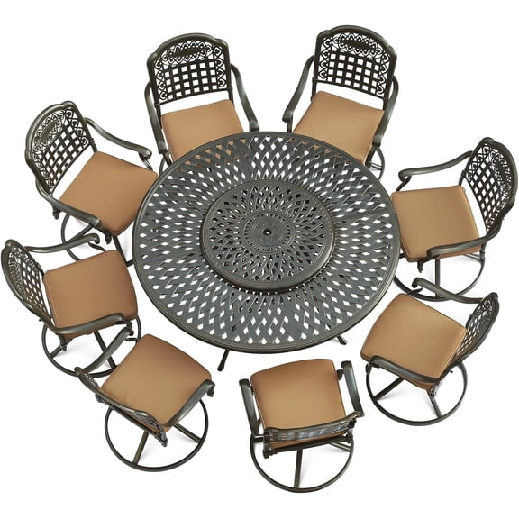 VIVIJASON 9-Piece Outdoor Furniture Dining Set, Rust-Free Cast Aluminum Patio Conversation Set, Include 8 Swivel Dining Chairs & 61" Round Dining Table with 31" Lazy Susan, Umbrella Hole, Khaki