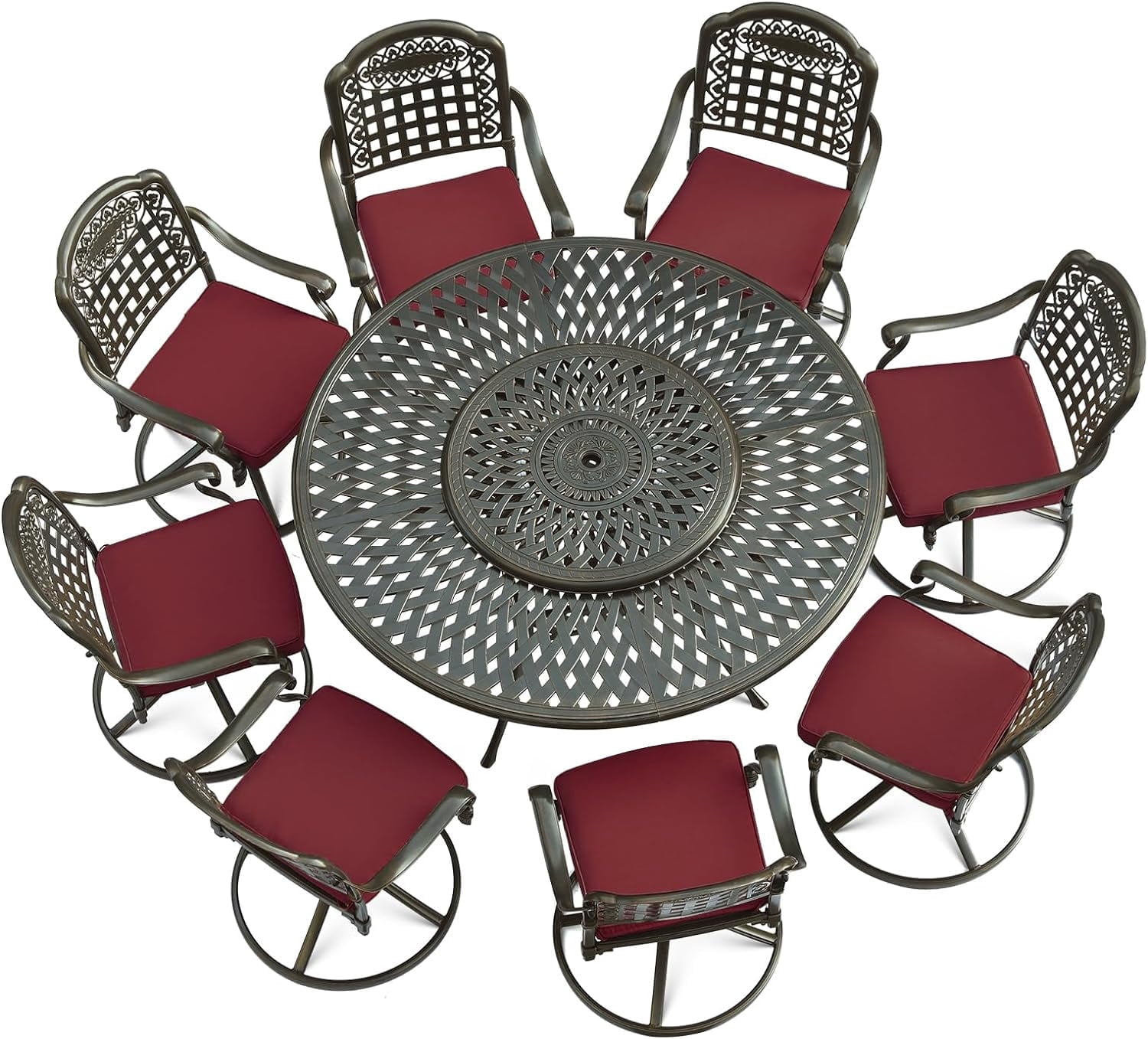VIVIJASON 9-Piece Outdoor Furniture Dining Set, Rust-Free Cast Aluminum Patio Conversation Set, Include 8 Swivel Dining Chairs & 61" Round Dining Table with 31" Lazy Susan, Umbrella Hole, Red