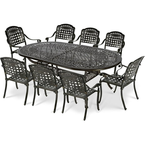 VIVIJASON 9-Piece Outdoor Patio Furniture Dining Set, All-Weather Cast Aluminum Conversation Set, Include 8 Chairs and an Oval Table with Umbrella Hole for Balcony Lawn Garden Backyard