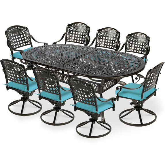 VIVIJASON 9-Piece Outdoor Patio Furniture Dining Set, All-Weather Cast Aluminum Conversation Set, Include 8 Swivel Dining Chairs and an Oval Table with Umbrella Hole, Ocean Blue Cushion