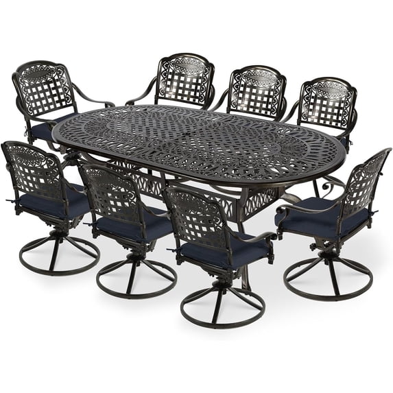 VIVIJASON 9-Piece Outdoor Patio Furniture Dining Set, All-Weather Cast Aluminum Conversation Set, Include 8 Swivel Dining Chairs and an Oval Table with Umbrella Hole, Navy Blue Cushion