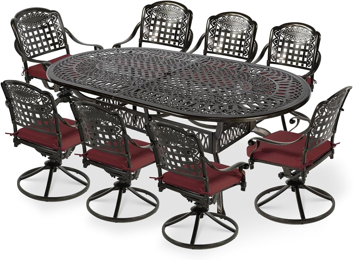 VIVIJASON 9-Piece Outdoor Patio Furniture Dining Set, All-Weather Cast Aluminum Conversation Set, Include 8 Swivel Dining Chairs and an Oval Table with Umbrella Hole for Garden Backyard, Red Cushion
