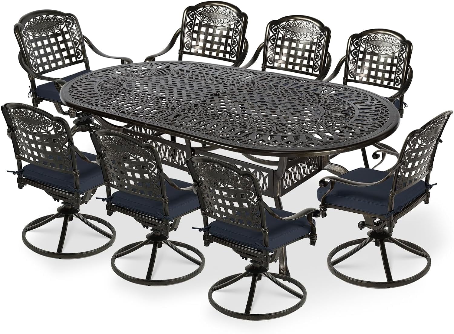 VIVIJASON 9-Piece Outdoor Patio Furniture Dining Set, All-Weather Cast Aluminum Conversation Set, Include 8 Swivel Dining Chairs and an Oval Table with Umbrella Hole, Navy Blue Cushion