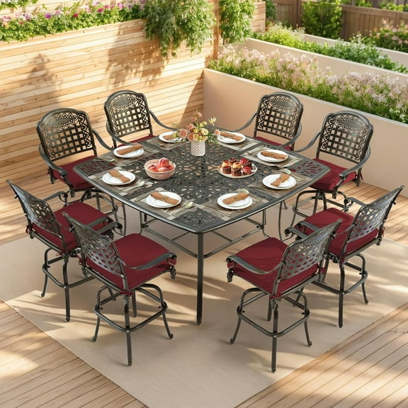 VIVIJASON 9-Piece Outdoor Patio Swivel Bar Set, All Weather Cast Aluminum Patio Bar Table and Chairs Set with 8 Cushioned Swivel Bar Stools, Large 64" Square Patio Bar Height Table