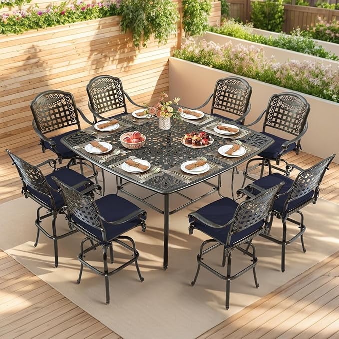 VIVIJASON 9-Piece Outdoor Patio Swivel Bar Set, All Weather Cast