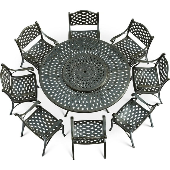 VIVIJASON 9-Piece Patio Dining Set, Rust-Free Cast Aluminum Outdoor Furniture Set, 8 Patio Dining Chairs and 61" Round Dining Table with 31" Lazy Susan, Umbrella Hole for Backyard, Patio, Garden
