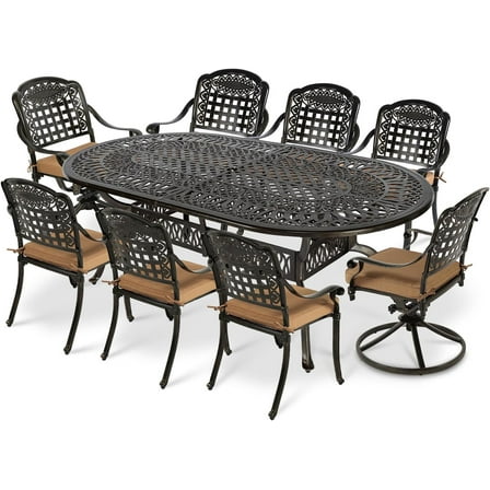 VIVIJASON 9-Piece Patio Furniture Dining Set, All-Weather Cast Aluminum Outdoor Conversation Set, Include 6 Stationary Chairs, 2 Swivel Dining Chairs and an Oval Table with Umbrella Hole